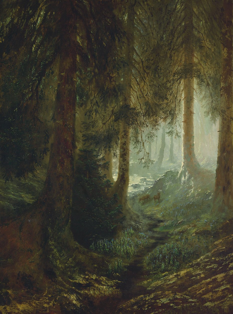 Cervos em uma paisagem de floresta de Gustave Dore