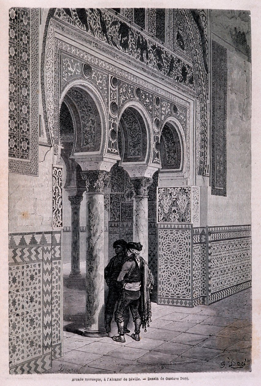 Detalhe da Arcada do Alcazar em Sevilha - por Doré, em "Tour du Monde", 2º semestre. 1866. de Gustave Dore