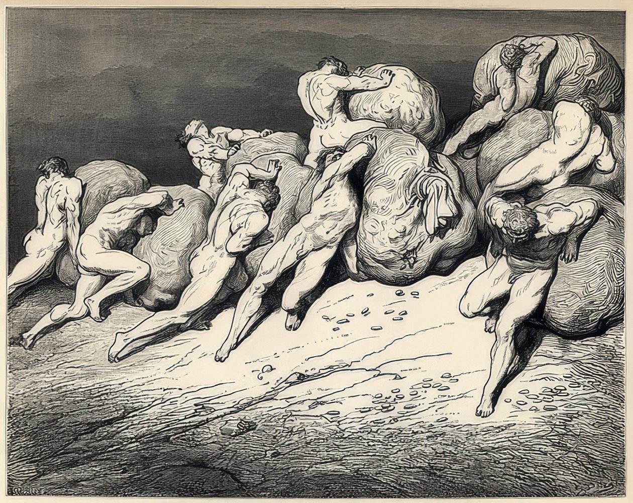As almas dos desperdiçadores e os avarentos. Ilustração da Divina Comédia de Dante Alighieri. Por volta de 1857 de Gustave Dore