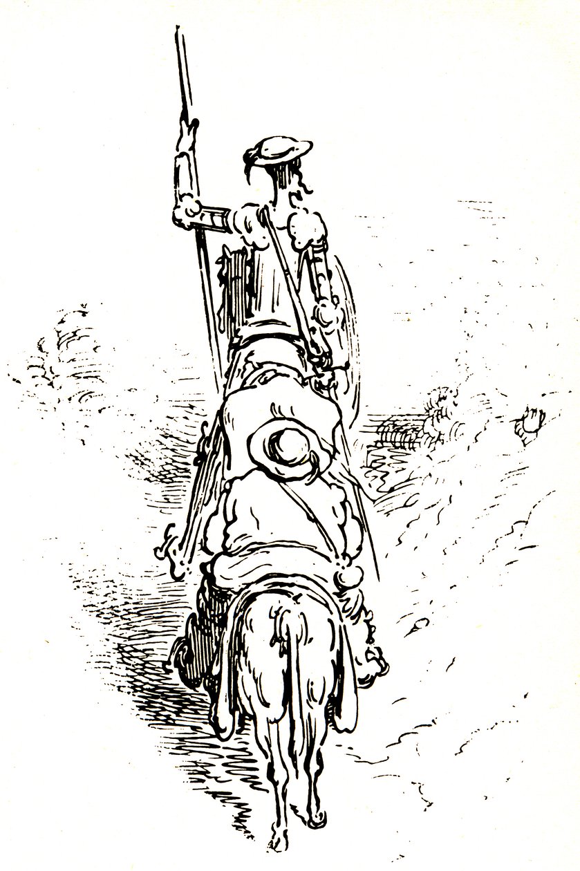 Dom Quixote no seu cavalo, seguido por Sancho no seu burro de Gustave Dore