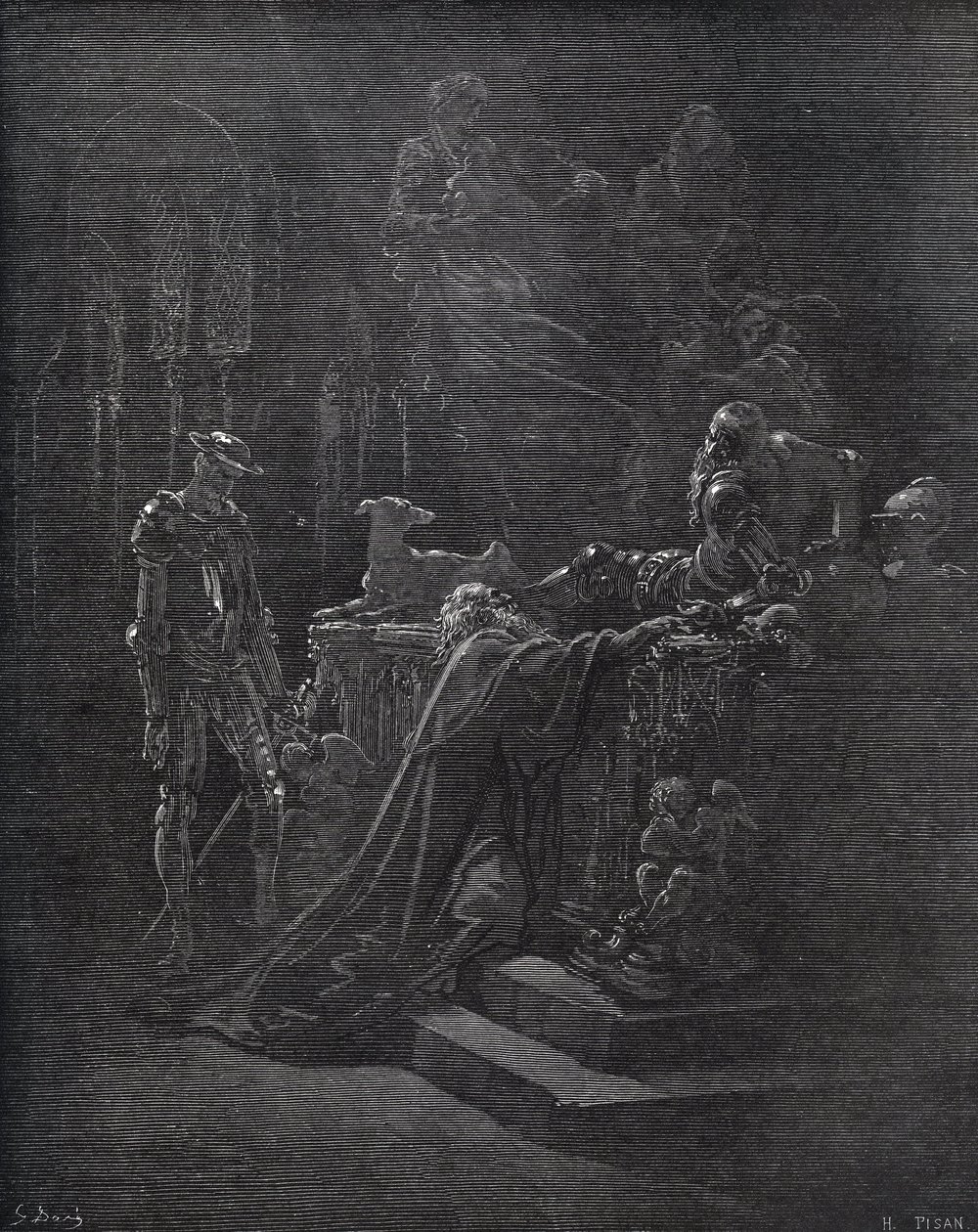 Dom Quijote, Montesinos e Durandarte, na caverna de Montesinos - de "Dom Quixote de la Mancha" de Miguel Cervantes (1547-1616) (Dom Quixote) - Lenhador após desenho de Gustave Dore de Gustave Dore