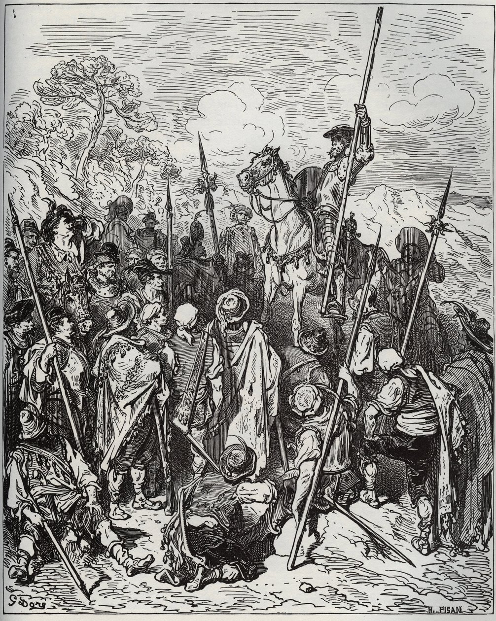 Dom Quijote e Sancho com a esquadra dos aldeões - de "Dom Quixote de la Mancha" de Miguel Cervantes (1547-1616) (Dom Quixote) - Lenhador após desenho de Gustave Dore de Gustave Dore