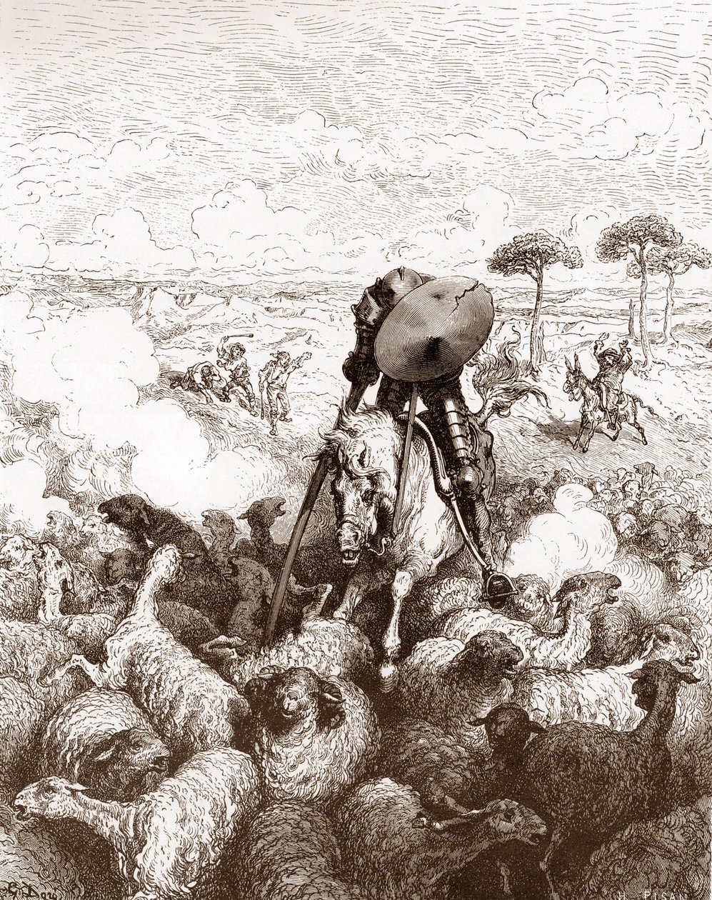 Don Quixot ataca o rebanho de ovelhas Gravura de Gustave Dore (1832-1883) para "The Ingenieux Hidalgo Don Quixote de la Mancha (Quixotte - Quijote)" de Miguel de Cervantes (1547-1616) 1863 Colecção privada de Gustave Dore