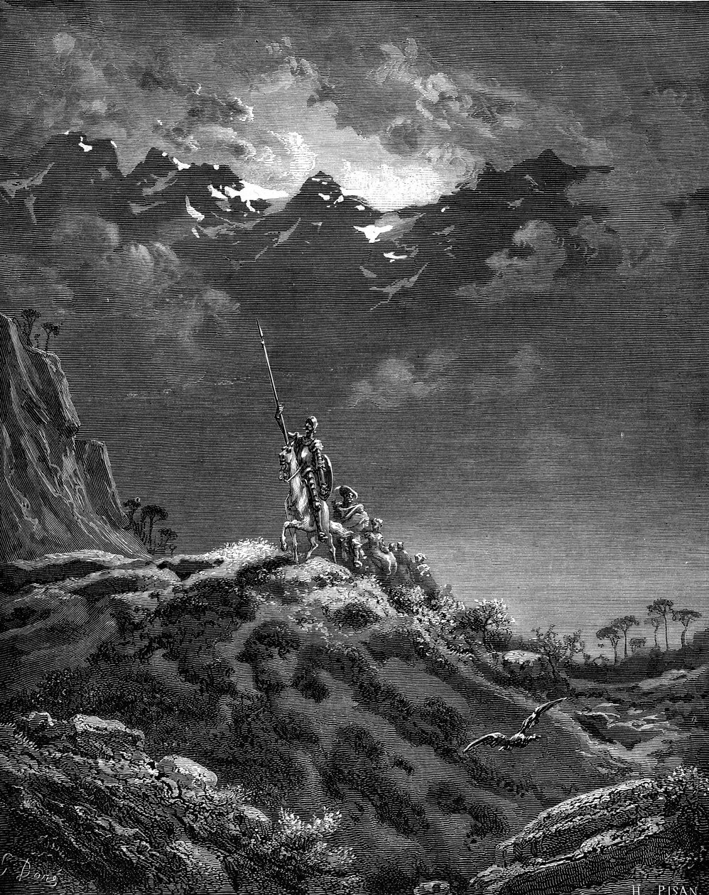 Dom Quixote (Quixote ou Qijote) a partir para a aventura. Gravura de Gustave Dore ilustrando a edição Hachette de 1869 do livro "L