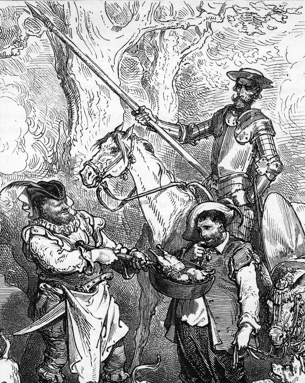 Dom Quixote (Quixote ou Qijote), lança à mão e monta no seu cavalo Rossinant, está pronto para partir à aventura. O seu fideleiro, o gourmet Sancho Pança (Panca), hesita diante de um bom prato de carne. Pormenor de uma gravura de Gustave Dore que ilustra de Gustave Dore