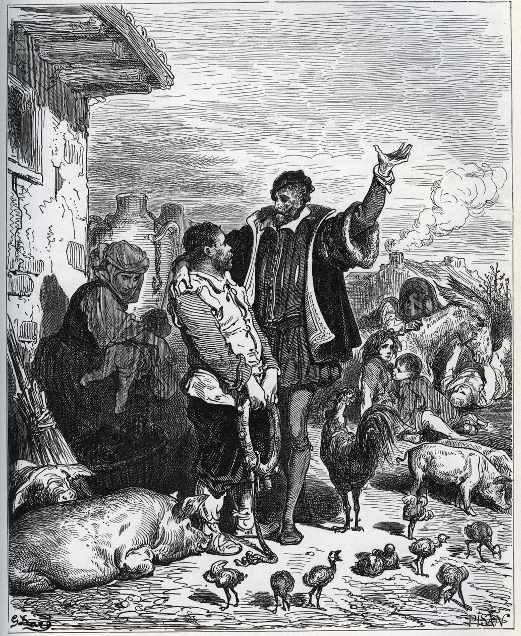 Dom Quixote convence seu vizinho Sancho Pança a ser seu ecuyer - de “Don Quixote de la Mancha” ”de Miguel Cervantes de Gustave Dore