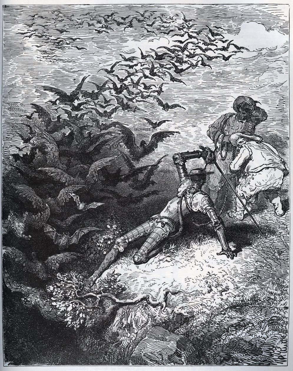 Dom Quixote a la cave de Montesinos - Um número infinito de corvos e torres voam da caverna de Montesinos, derrubando Dom Quijote ao chão (II, 22) - de "Dom Quixote de la Mancha" de Miguel Cervantes (1547-1616) (Dom Quixote) - Lenhador após desenho de Gustave Dore
