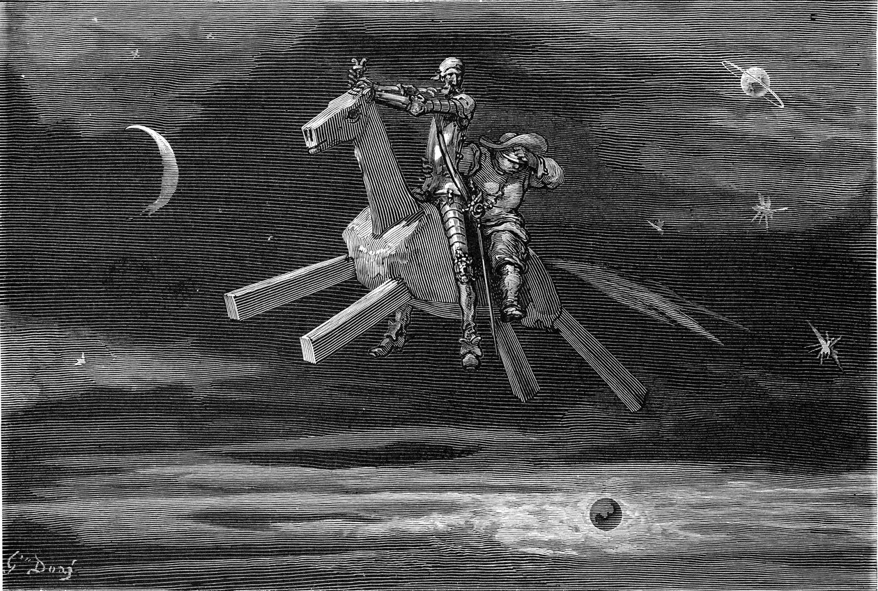 Dom Quixote e Sancho Pança no céu, entre a lua e as estrelas, montados no cavalo de madeira Clavilegne. Gravura de Gustave Dore ilustrando a edição Hachette de 1869 do livro "L