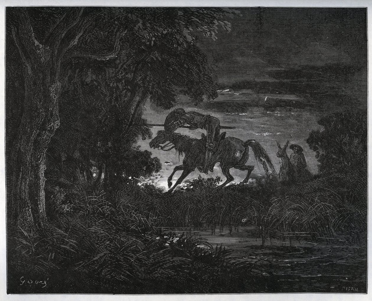 Dom Quixote e Sancho Panza no início da aventura numa floresta espessa e desconhecida - de "Dom Quixote de la Mancha" de Miguel Cervantes (1547-1616) (Dom Quixote) - Lenhador após desenho de Gustave Dore de Gustave Dore