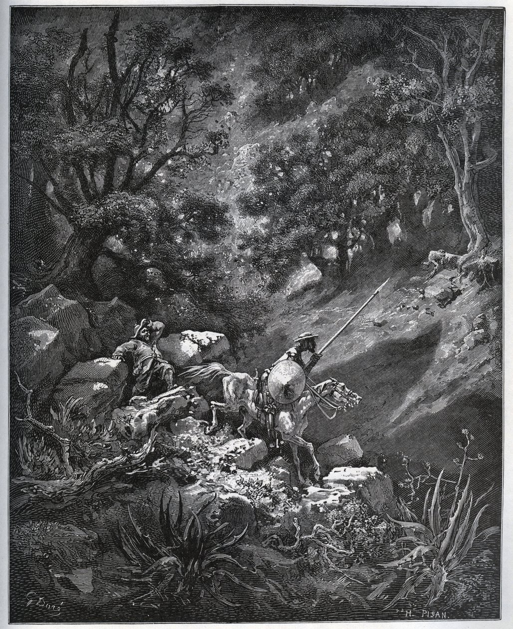 Dom Quixote e Sancho Panza continuam sua viagem na Serra Morena em busca do Deguenille-de-la-Malaise-Mine - de "Dom Quixote de la Mancha" de Miguel Cervantes (1547-1616) (Dom Quixote) - Lenhador após desenho de Gustave Dore de Gustave Dore