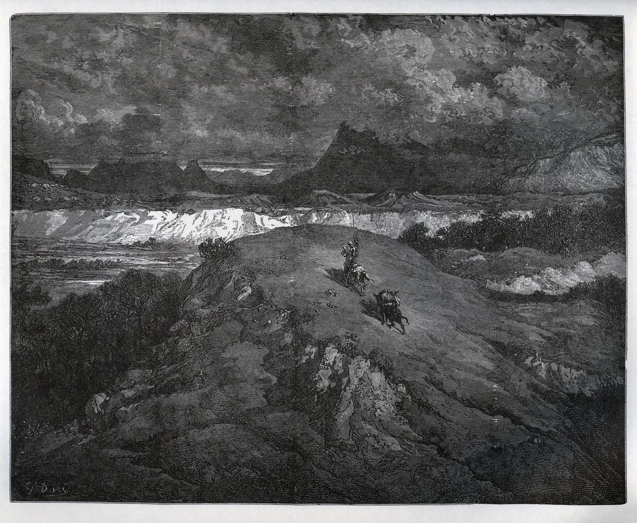 Dom Quixote e Sancho Panza continuam suas aventuras em uma região montanhosa, Sierra Morena - de "Dom Quixote de la Mancha" de Miguel Cervantes (1547-1616) (Dom Quixote) - Corte de madeira após desenho de Gustave Dore de Gustave Dore