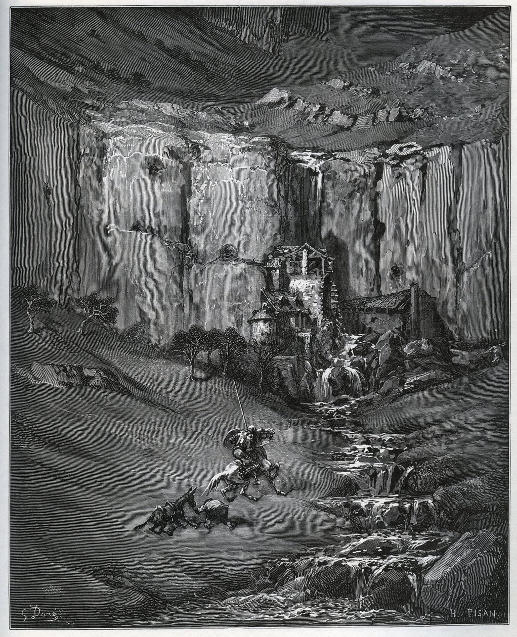 Dom Quixote e Sancho Panza descobrem o que causou sua preocupação, uma cachoeira e um moinho um foulon - de "Dom Quixote de la Mancha" de Miguel Cervantes (1547-1616) (Dom Quixote) - Lenhador após desenho de Gustave Dore de Gustave Dore