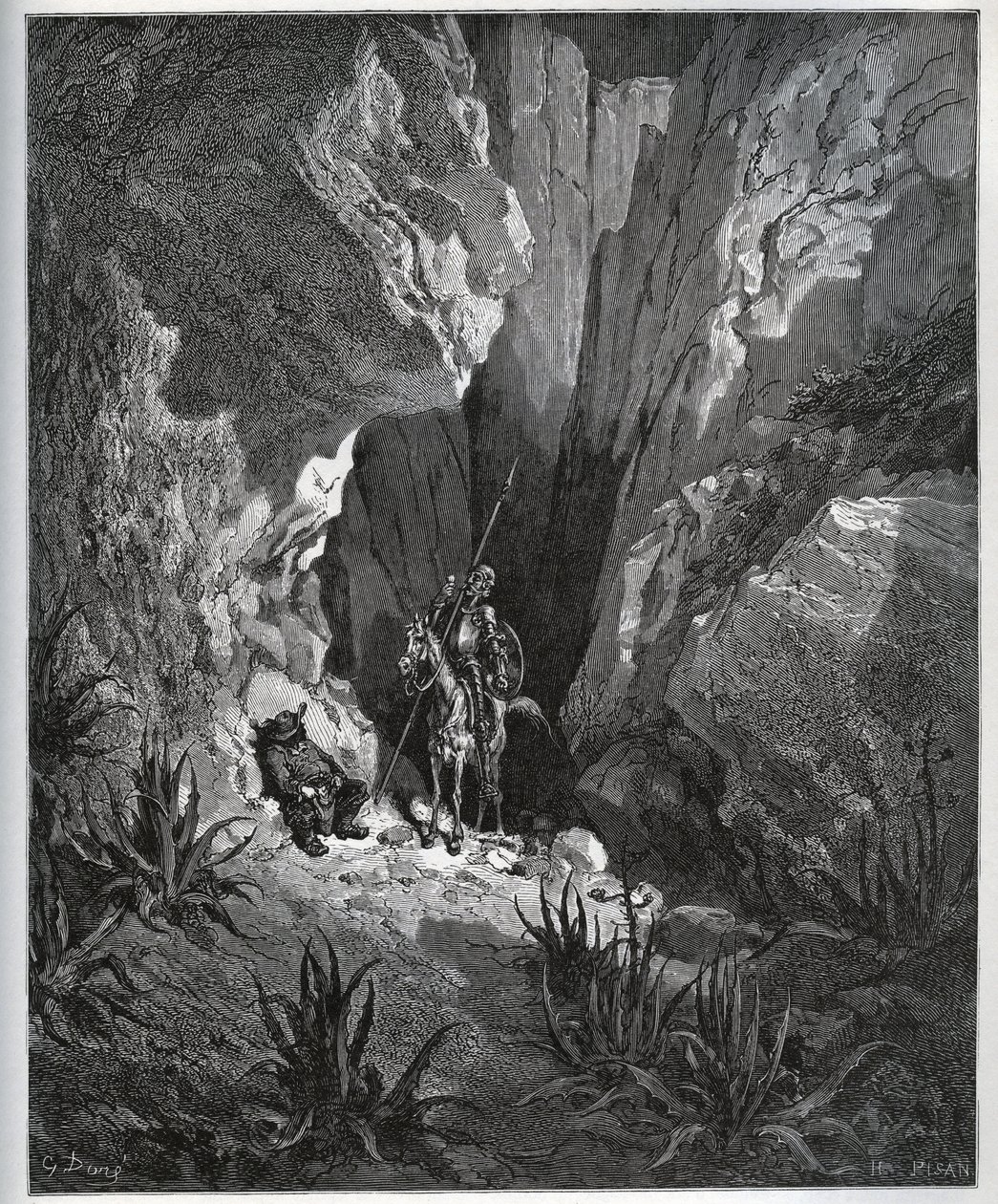 Dom Quixote e Sancho Panza encontram as coisas de um viajante - de "Dom Quixote de la Mancha" de Miguel Cervantes (1547-1616) (Dom Quixote) - Lenhador após desenho de Gustave Dore de Gustave Dore