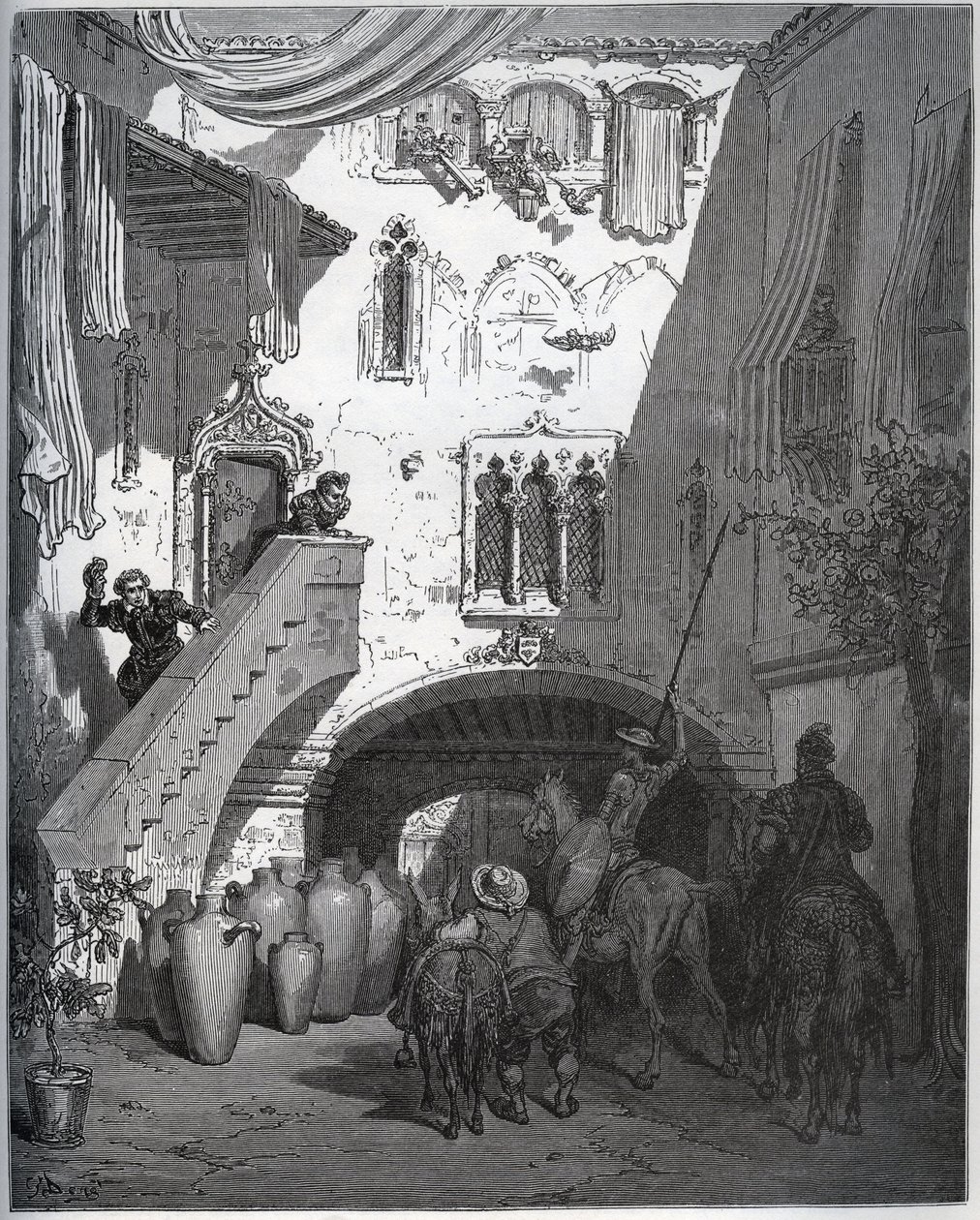 Dom Quixote e Sancho Panza, convidados por Don Diego de Miranda em casa, são recebidos pela esposa e filho do cavalheiro - de "Dom Quixote de la Mancha" de Miguel Cervantes (1547-1616) (Dom Quixote) - Lenhador após desenho de Gustave Dore de Gustave Dore