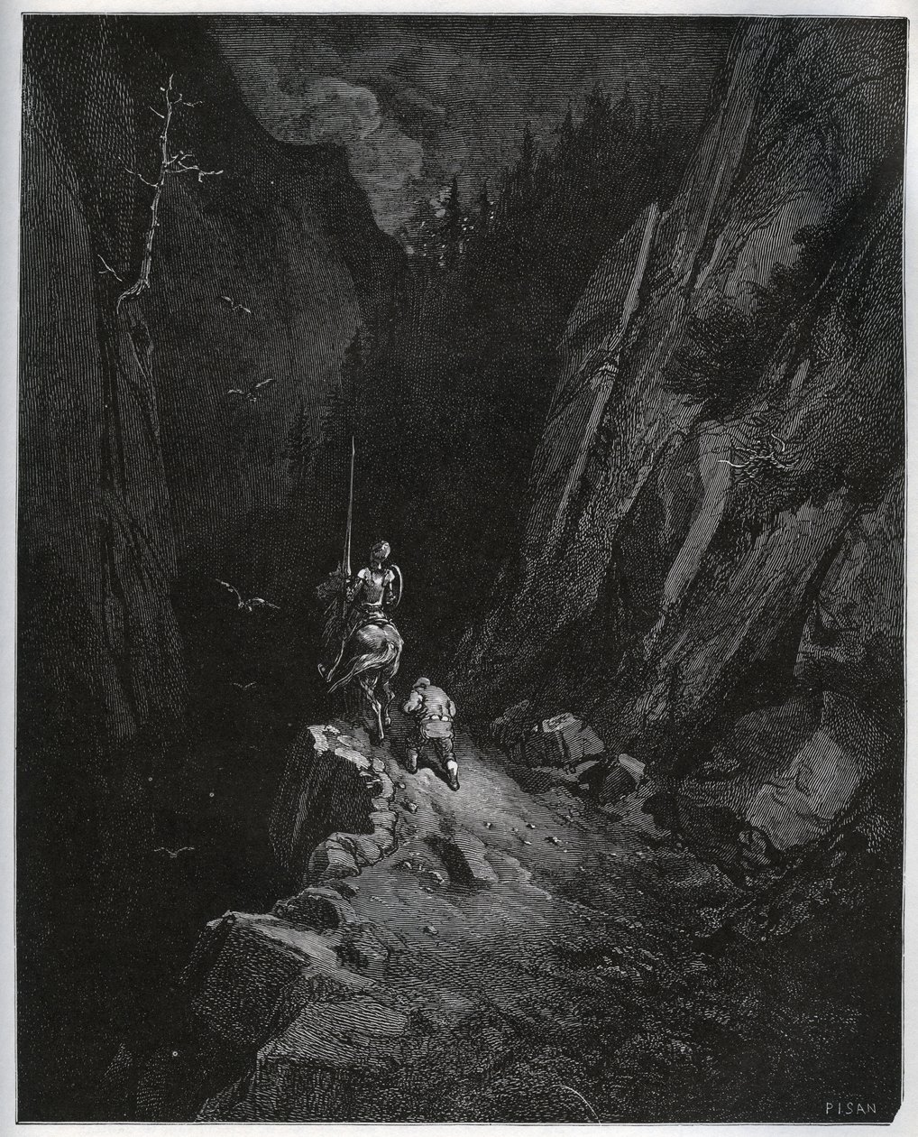 Dom Quixote e Sancho Panza afundam na Serra Morena - de "Dom Quixote de la Mancha" de Miguel Cervantes (1547-1616) (Dom Quixote) - Lenhador após desenho de Gustave Dore de Gustave Dore