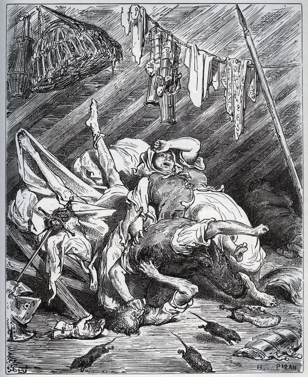 Dom Quixote e um fabricante de mulas lutando por Maritornes, o caseiro, que Dom Quixote toma por sua Dulcinéia - de "Dom Quixote de la Mancha" de Miguel Cervantes (1547-1616) (Dom Quixote) - Lenhador após desenho de Gustave Dore de Gustave Dore