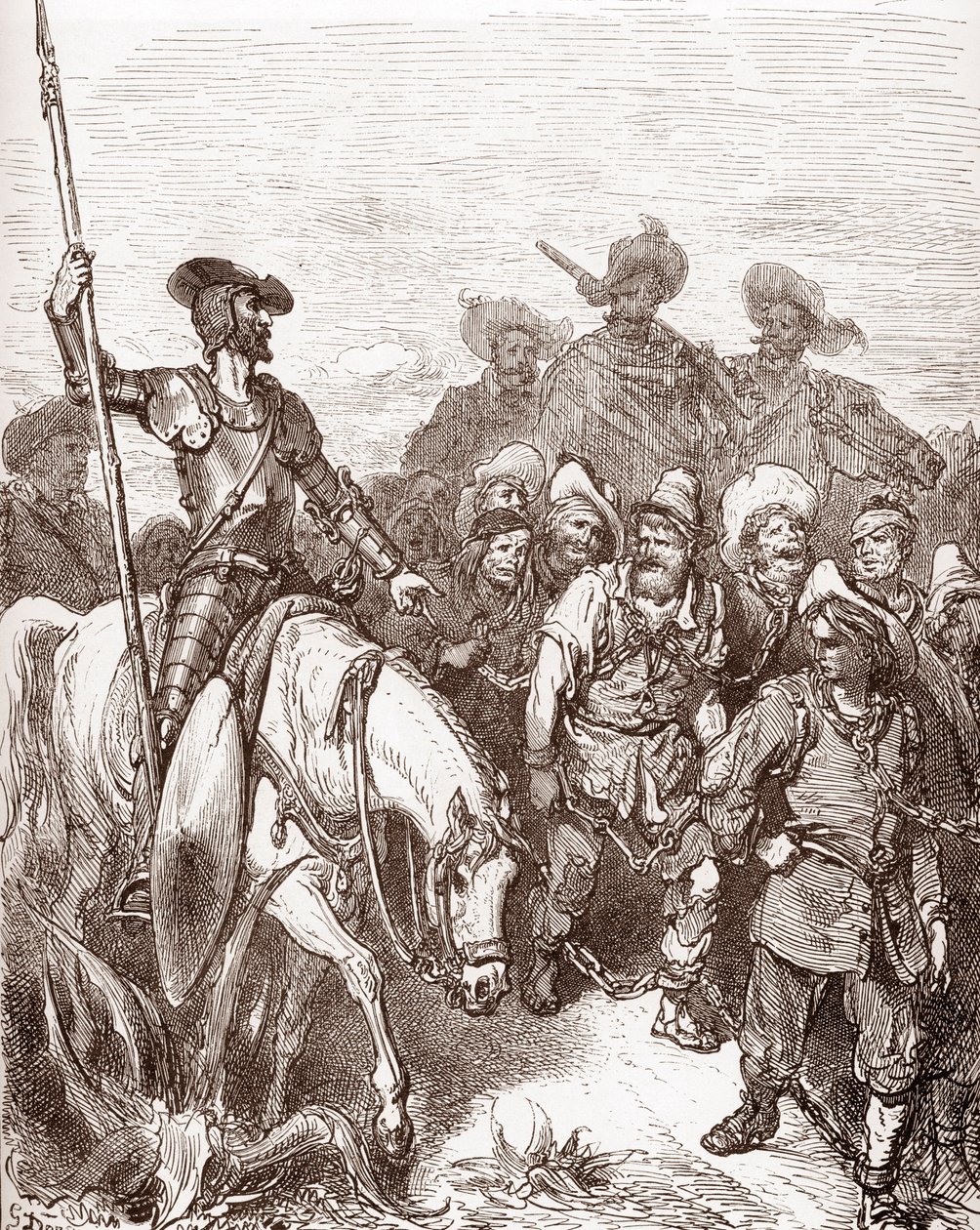 Dom Quixote e Sancho Panza interrogam os criminosos que estão a ser levados para as galeras Gravura de Gustave Dore (1832-1883) para "L