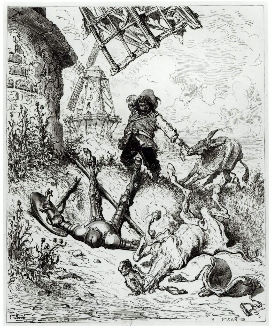 Dom Quixote e os Moinhos de Vento, de Dom Quixote de la Mancha, de Miguel Cervantes (1547-1616), gravado por Heliodore Joseph Pisan (1822-90) de Gustave Dore
