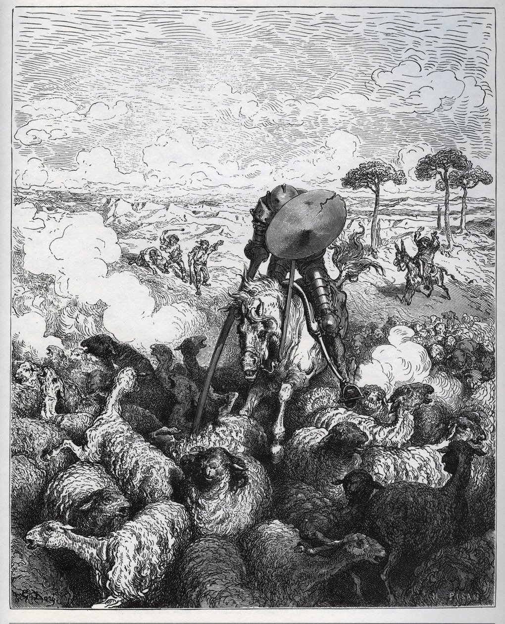 Dom Quixote ataca um rebanho de ovelhas, acreditando estar a lidar com o exército de Alibanfaron de Taprobana - de "Dom Quixote de la Mancha" de Miguel Cervantes (1547-1616) (Dom Quixote) - Lenhador após desenho de Gustave Dore de Gustave Dore