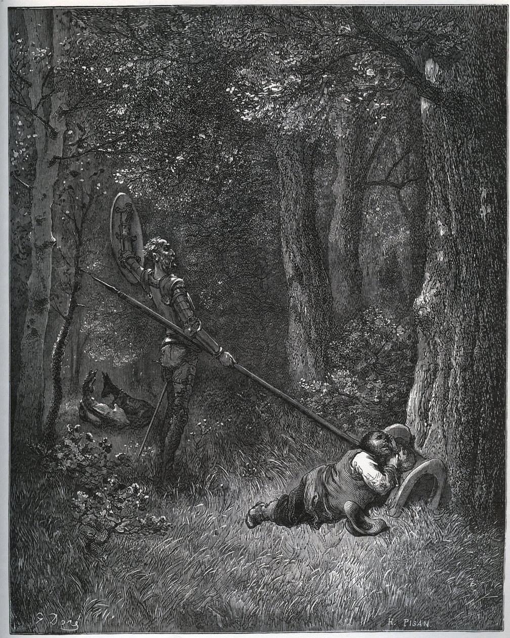 Dom Quixote despertando Sancho Pança - de “Don Quixote de la Mancha” de Miguel Cervantes de Gustave Dore