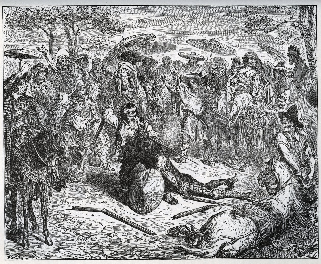 Dom Quixote espancado no meio de um grupo de mercadores - O fabricante de mulas experimentou o jogo - de “Dom Quixote de la Mancha” ”de Miguel Cervantes de Gustave Dore