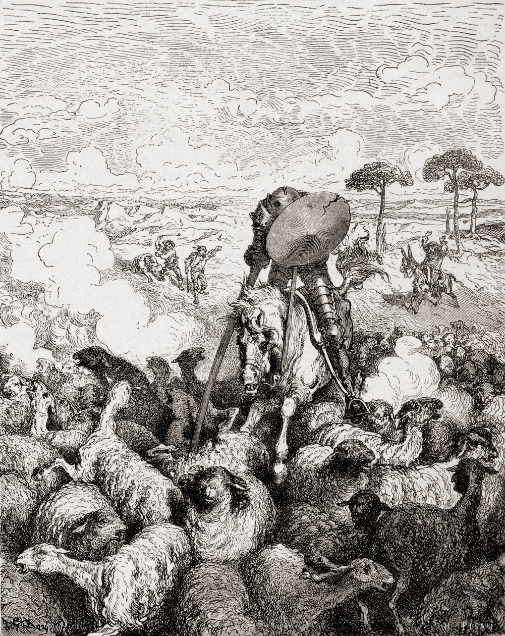 Dom Quixote lutando contra o rebanho de ovelhas, de Die Gartenlaube, pub. 1905 de Gustave Dore