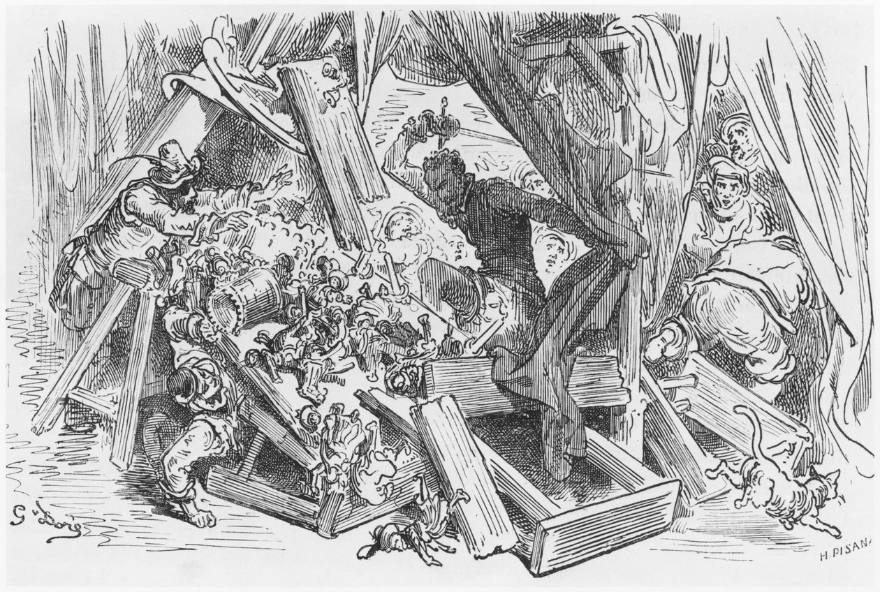 Dom Quixote lutando contra os fantoches, ilustração de "Dom Quixote de la Mancha", de Miguel Cervantes (1547-1616), gravado por Heliodore Joseph Pisan (1822-90) de Gustave Dore