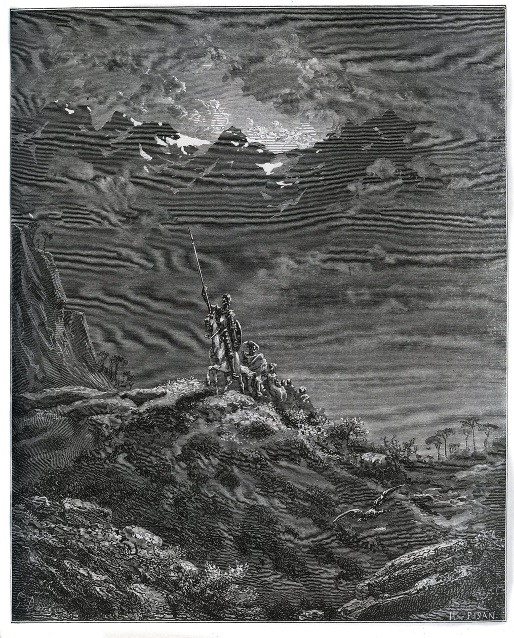 Dom Quixote vai em missão para Dorothee, acompanhado por Sancho Panza, barbeiro, Dorothee, cura e Cardenio - de "Dom Quixote de la Mancha" de Miguel Cervantes (1547-1616) (Dom Quixote) - Lenhador após desenho de Gustave Dore de Gustave Dore