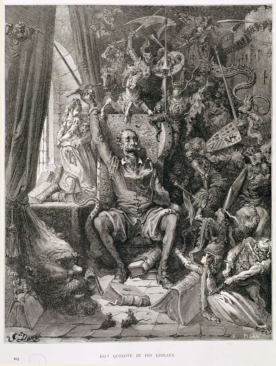 Dom Quixote em sua biblioteca, gravada por Heliodore Joseph Pisan (1822-90) c.1868 de Gustave Dore
