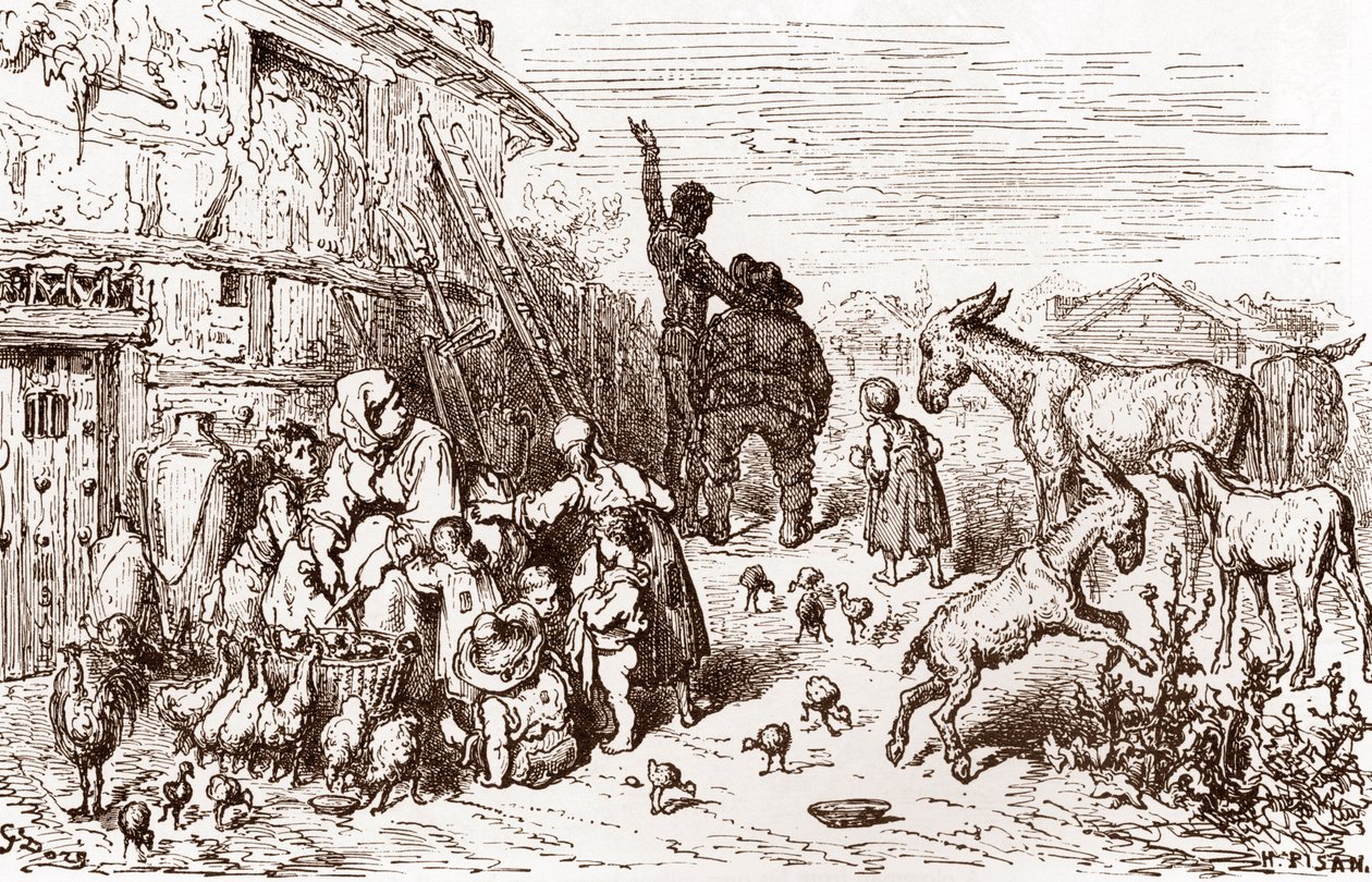 Dom Quixote convence o seu vizinho Sancho Panza a tornar-se seu escudeiro Gravura de Gustave Dore (1832-1883) para "L