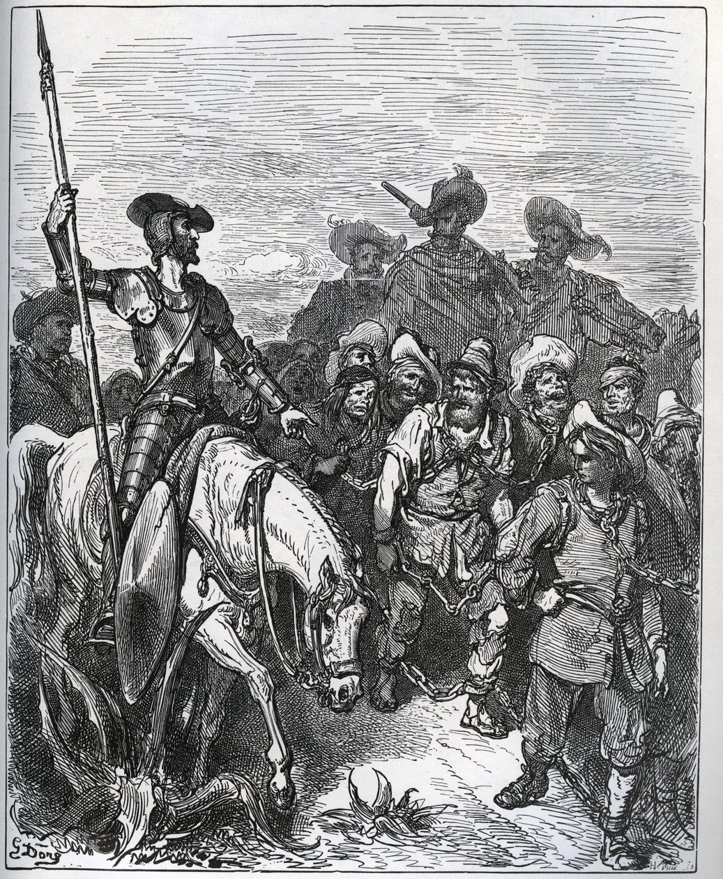 Dom Quixote questiona as forças sobre as razões de suas convicções - de "Dom Quixote de la Mancha" de Miguel Cervantes (1547-1616) (Dom Quixote) - Corte de madeira após desenho de Gustave Dore de Gustave Dore