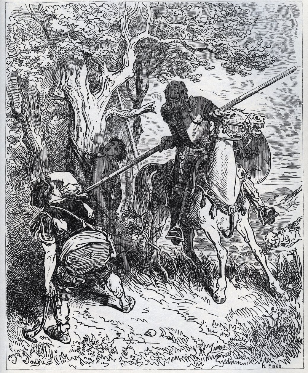 Dom Quixote toma partido pelo jovem camareiro - "Pelo sol que nos ilumina, não sei quem me impede de passar a minha lâmina pelo corpo" - de "Dom Quixote de la Mancha" de Miguel Cervantes (1547-1616) (Dom Quixote) - Lenhador após desenho de Gusta de Gustave Dore