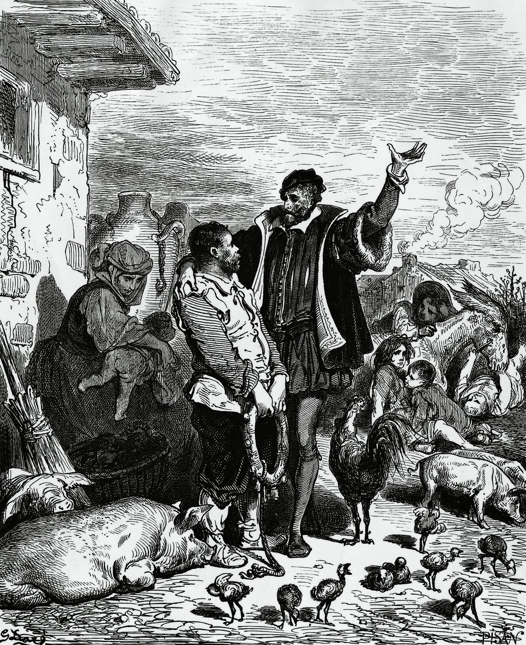 Dom Quixote tirando Sancho Panza de sua casa e pronunciando-o governador, ilustração de Gustave Dore