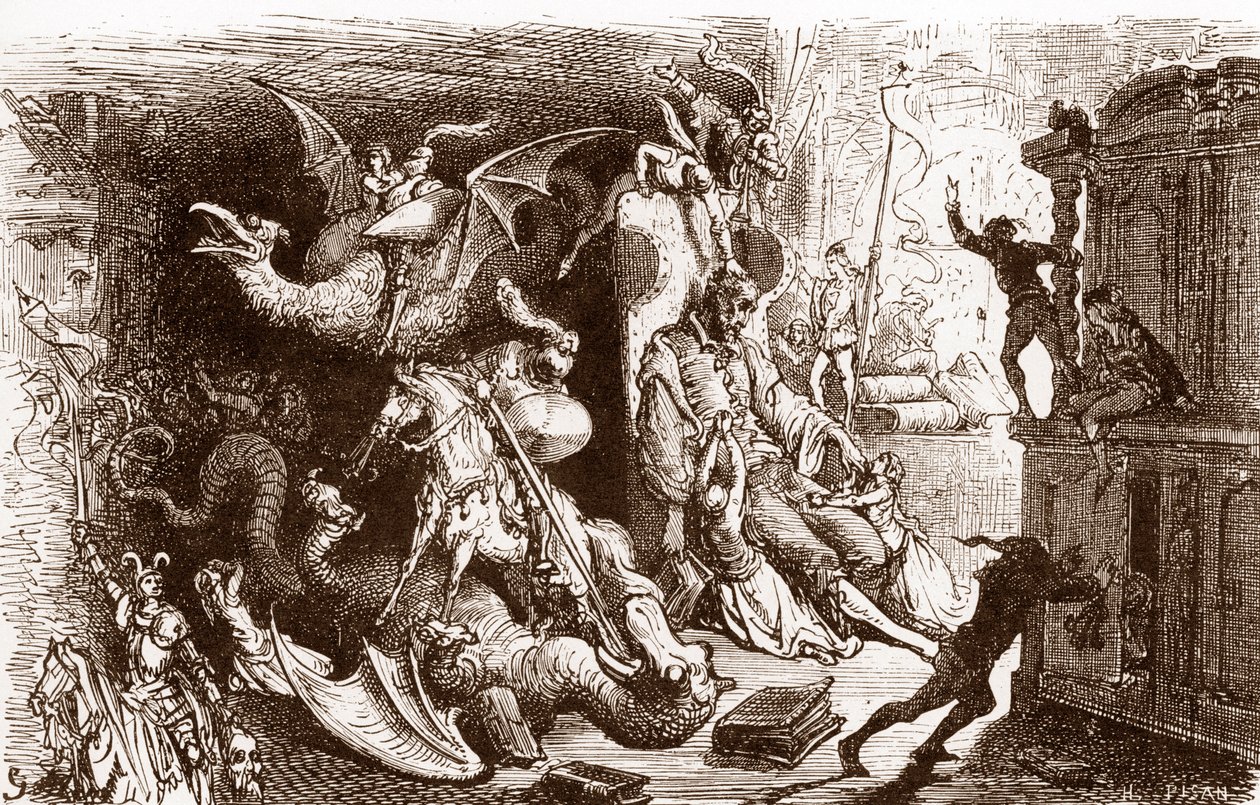 Dom Quixote não pensa em mais nada senão em actos cavalheirescos gravados por Gustave Dore (1832-1883) para "L