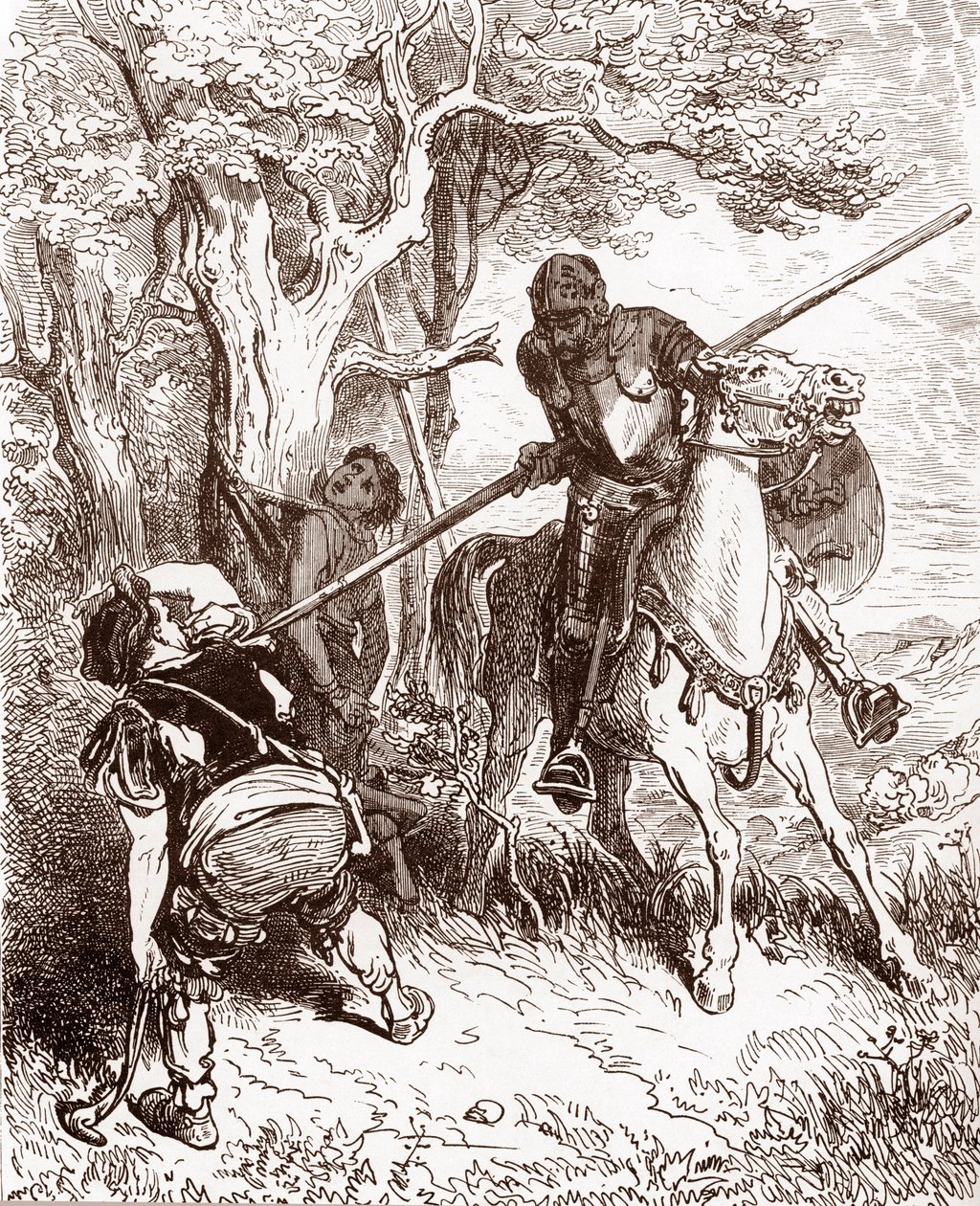 Don Quixote ameaça o camponês que enviava o pastor Engraving de Gustave Dore (1832-1883) para "L