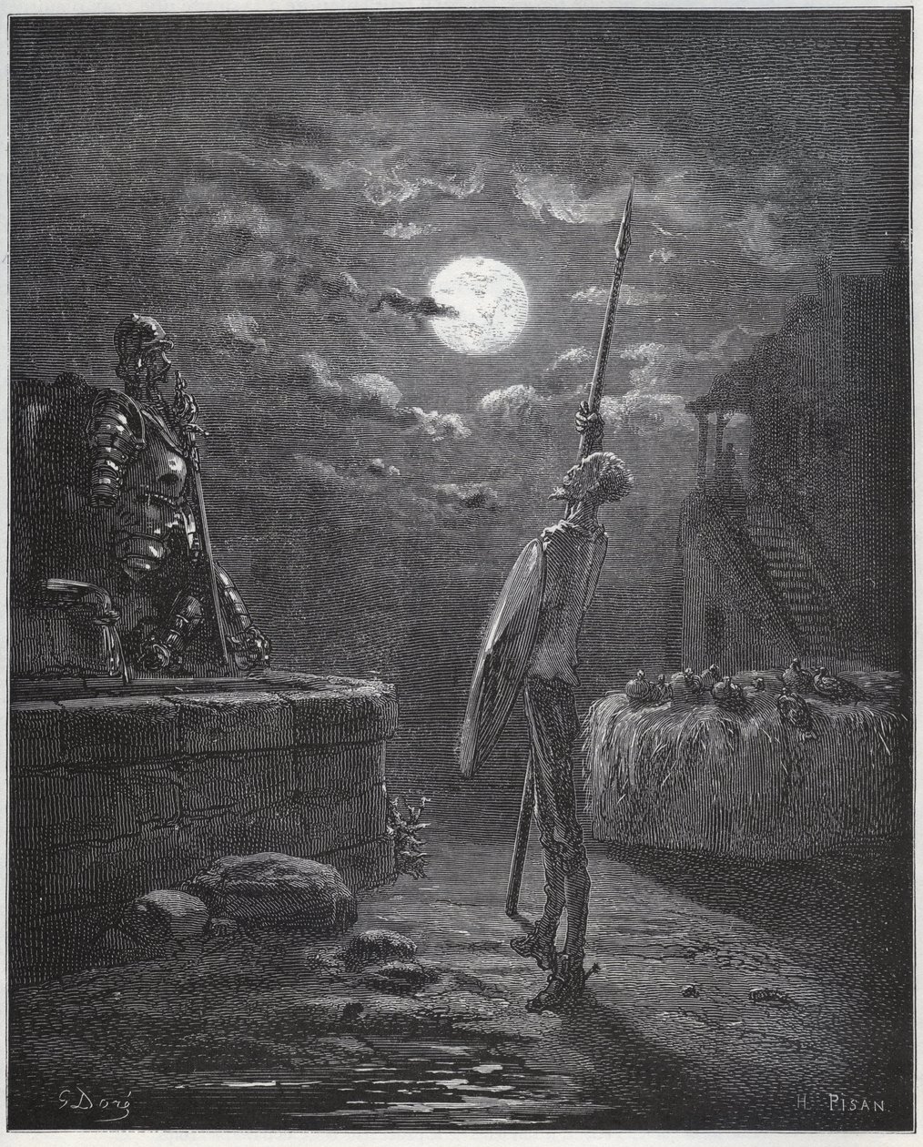 Dom Quixote zela pelos seus braços - de “Don Quixote de la Mancha” de Miguel Cervantes de Gustave Dore