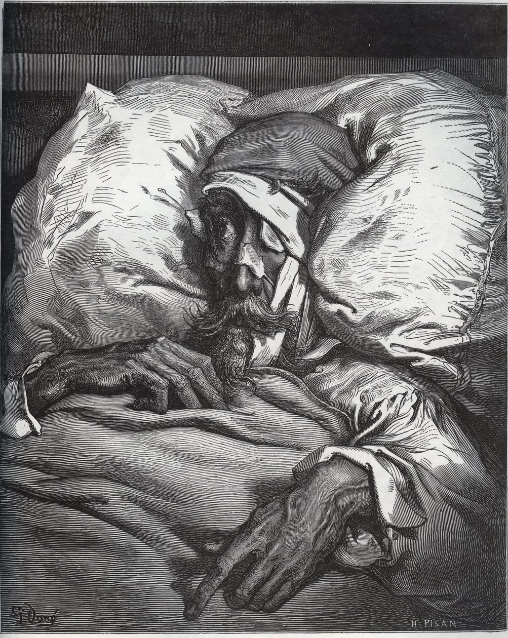 Dom Quixote ferido - de "Dom Quixote de la Mancha" de Miguel Cervantes (1547-1616) (Dom Quixote) - Lenhador após desenho de Gustave Dore de Gustave Dore