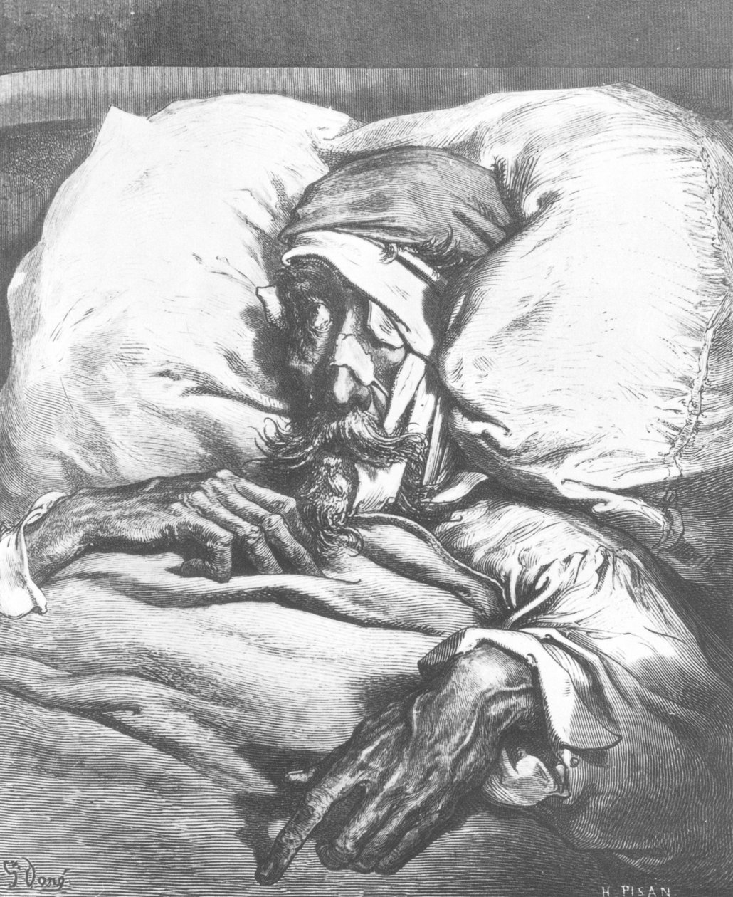 Dom Quixote ferido, de "Dom Quixote de la Mancha" por Miguel Cervantes (1547-1616) gravado por Heliodore Joseph Pisan (1822-90) de Gustave Dore