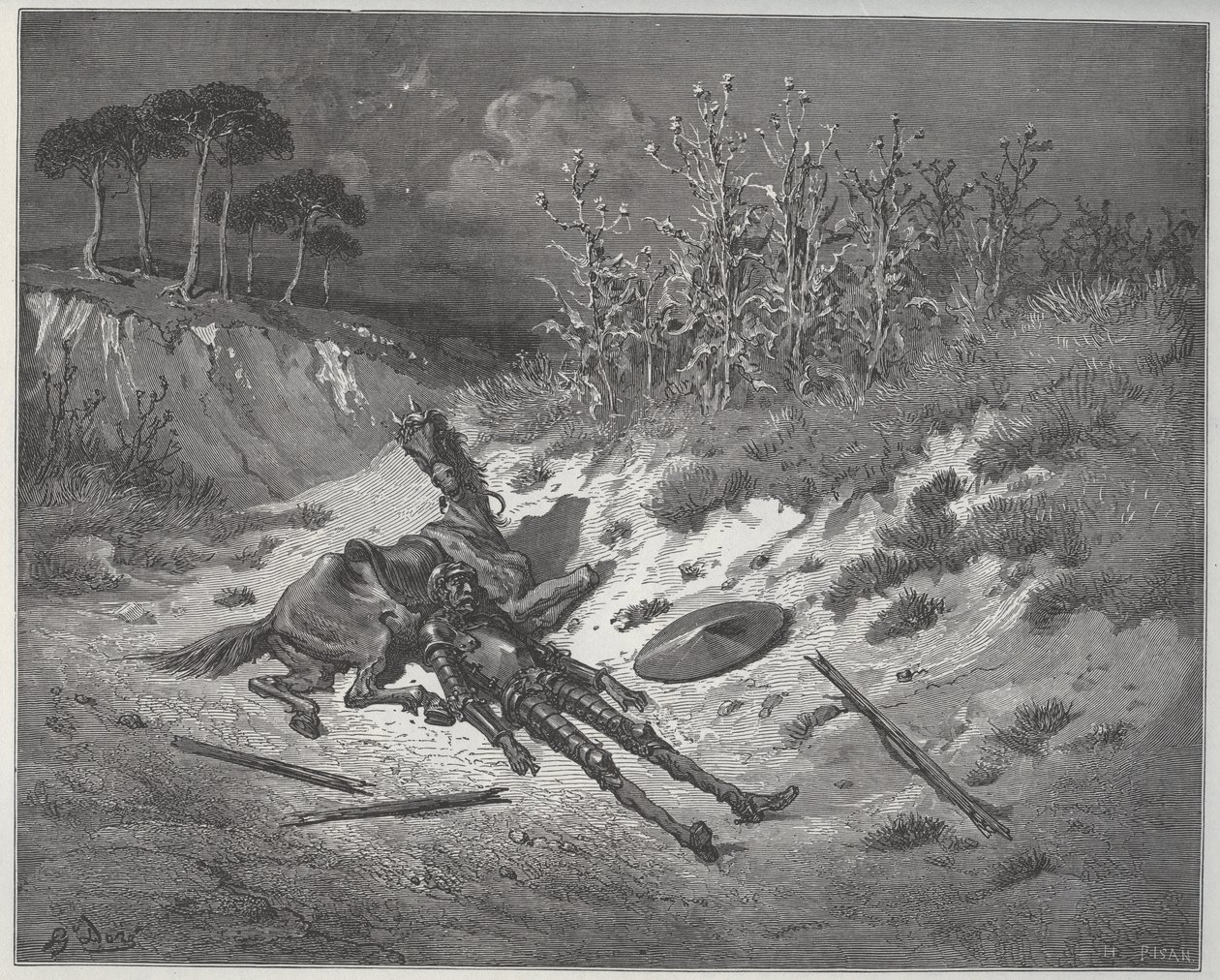 As feridas de Dom Quixote imploram misericórdia e ajuda dos personagens de sua imaginação - de "Dom Quixote de la Mancha" de Miguel Cervantes (1547-1616) (Dom Quixote) - Lenhador após desenho de Gustave Dore de Gustave Dore