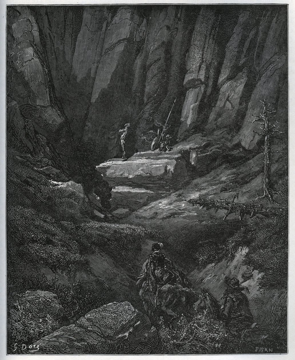 Dorothee e o barbeiro vêm buscar o Dom Quixote depois em penitência - de "Dom Quixote de la Mancha" de Miguel Cervantes (1547-1616) (Dom Quixote) - Lenhador após desenho de Gustave Dore de Gustave Dore