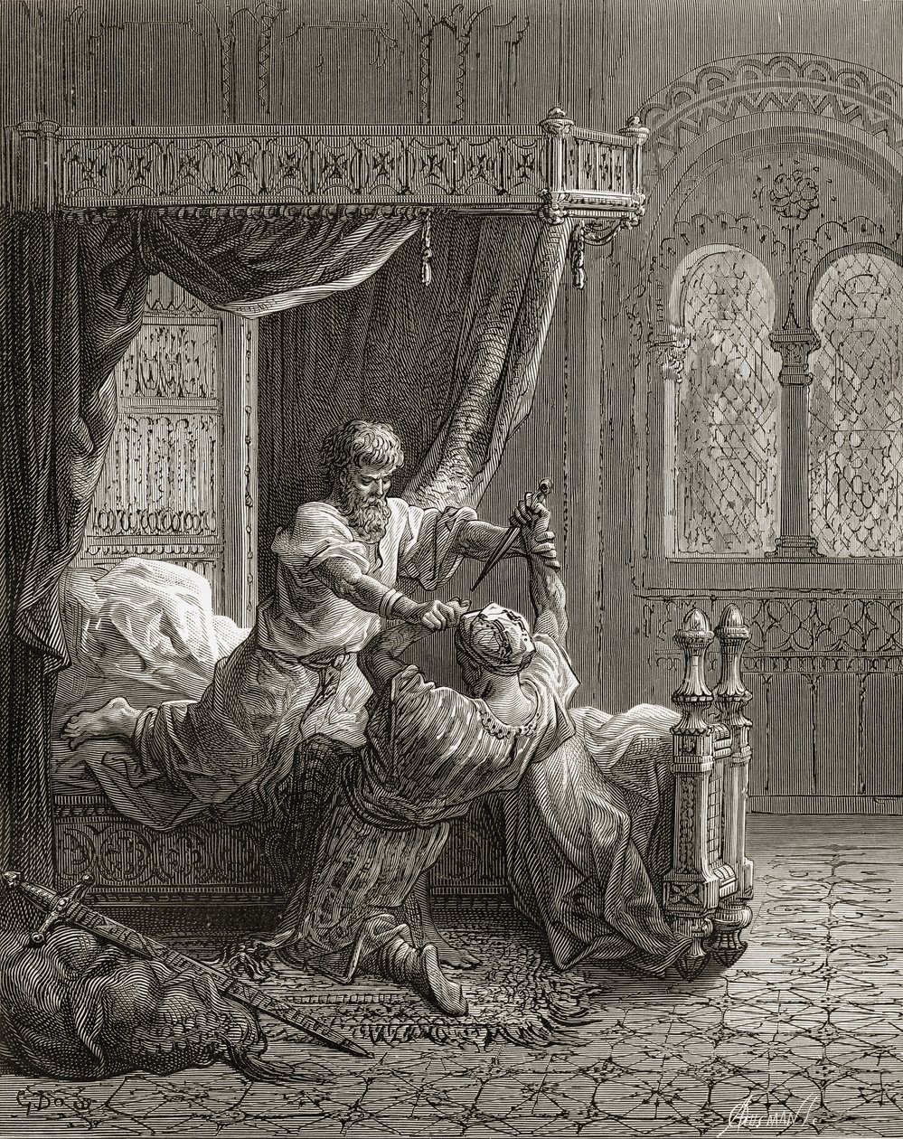 Edward I (1239-1307) da Inglaterra mata o seu assassino em junho de 1272, ilustração de "Bibliotheque des Croisades" por JF. Michaud, 1877 de Gustave Dore