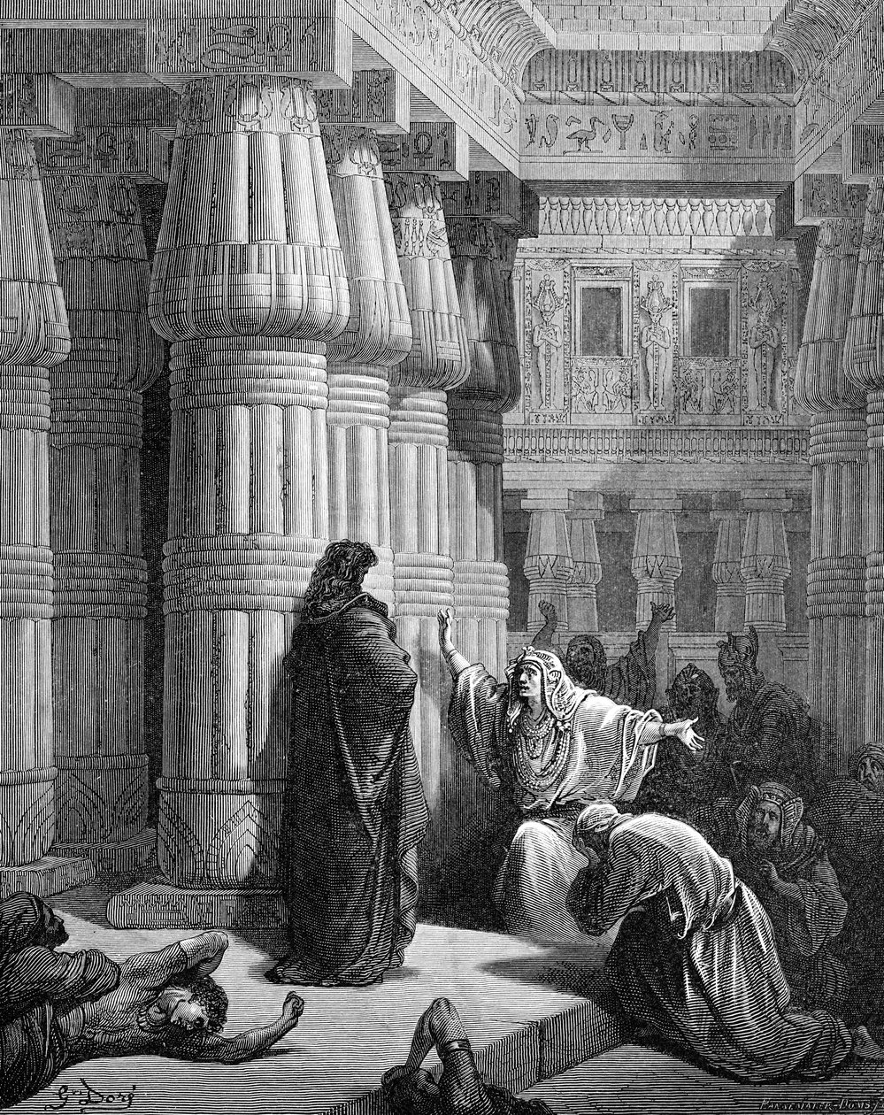 Os egípcios pedem a Moisés que parta, por Doré. - Bíblia de Gustave Dore