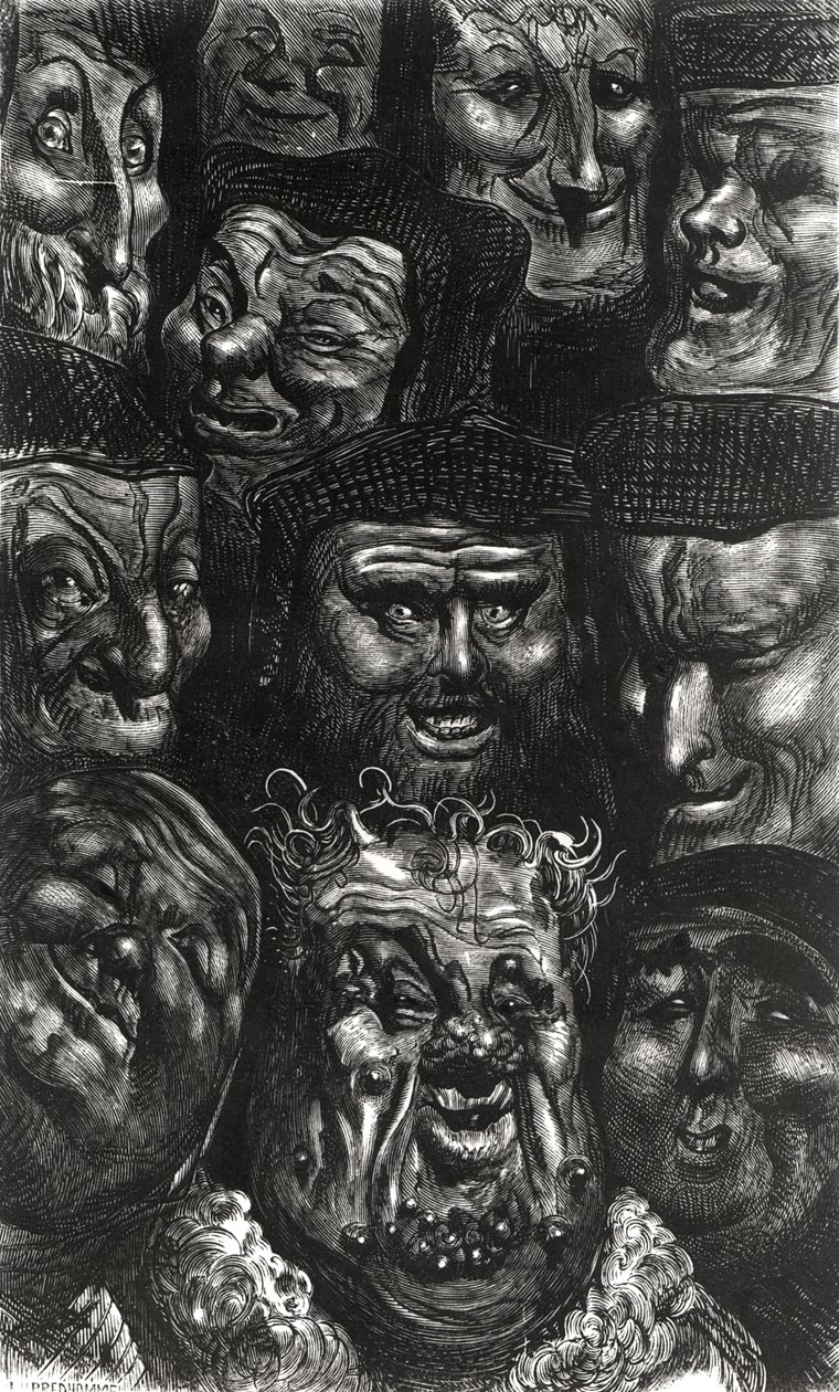 Onze rostos grotescos de "Les Contes Drolatiques" por Honore de Balzac (1799-1850) gravada por Predhomme de Gustave Dore