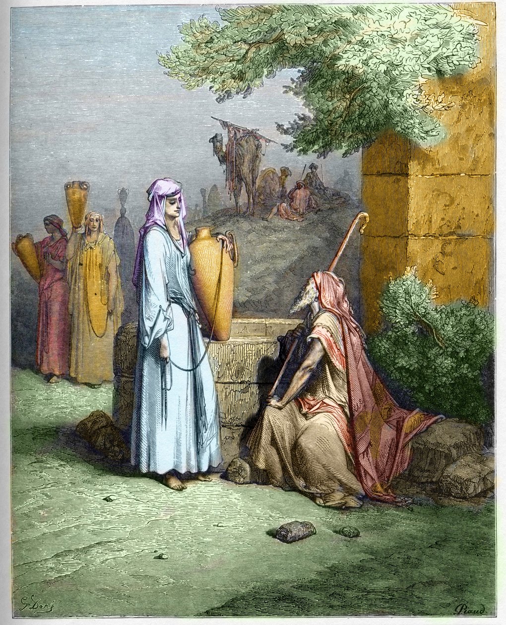 Eliezer e Rebeca - Eliezer, servo de Abraão, é oferecido um copo de água por Rebeca - Eliezer e Rebeca - gravura em "A ilustração bíblica" de Gustave Dore (1832-1883) - Gravura de "A Bíblia Dore de Gustave Dore