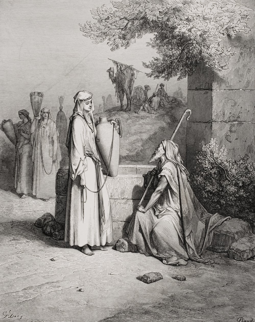 Eliezer e Rebeca, Gênesis 24: 15-21, ilustração da "Bíblia Sagrada" de Dore, gravada por Piaud, 1866 de Gustave Dore