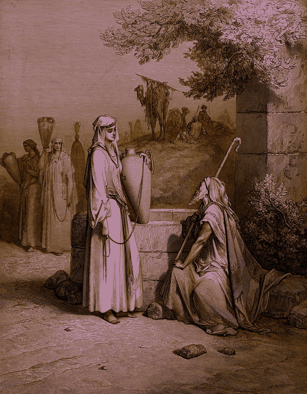 Eliezer e Rebekah / Rebecca, gravura de Doré. - Bíblia de Gustave Dore