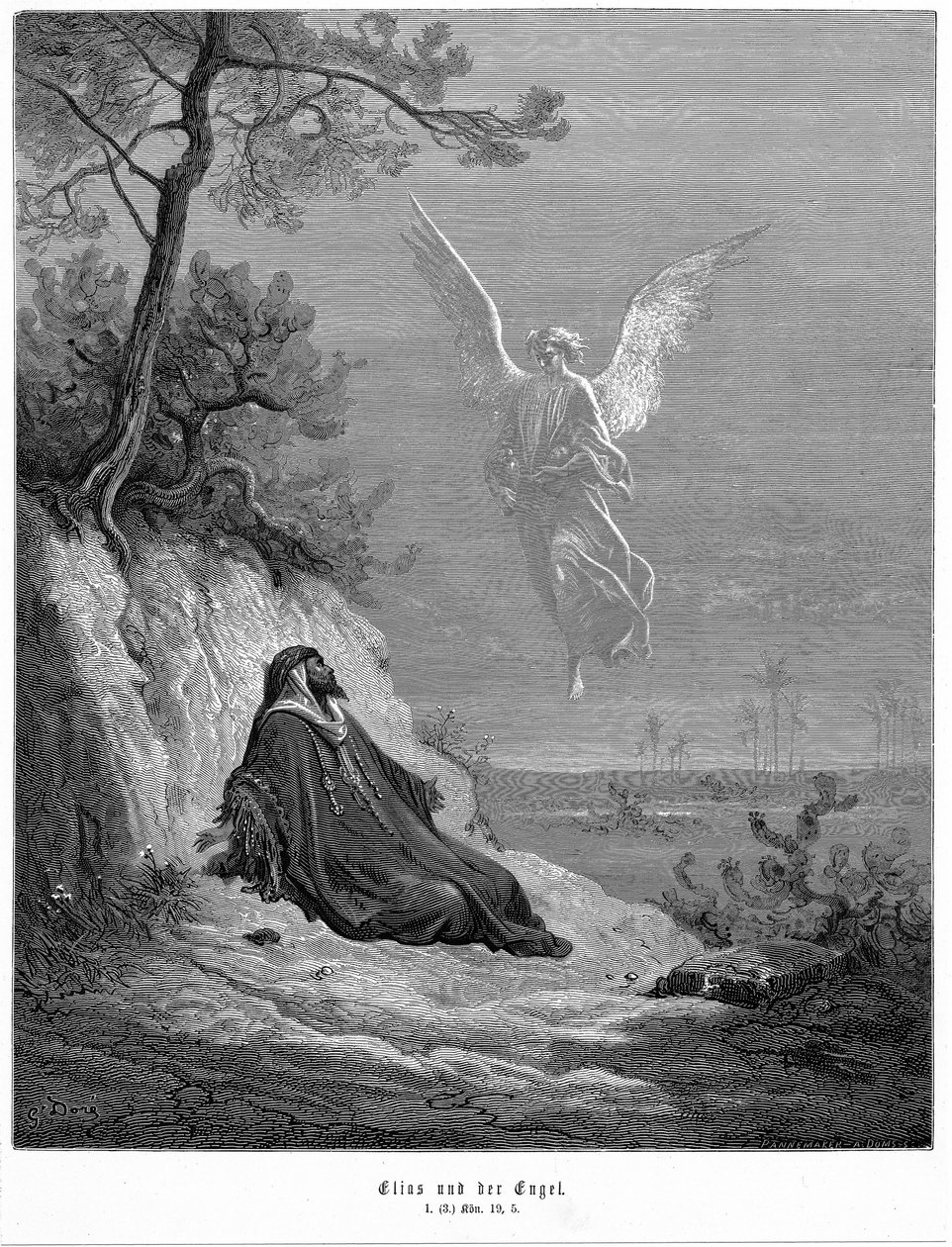 Elias vai para o deserto e pede para morrer, mas vem um anjo e diz-lhe: "Levanta-te e come". Bíblia 1 Reis 19.5. Da Bíblia de Gustave Dore 1865-1856. Gravura em madeira de Gustave Dore