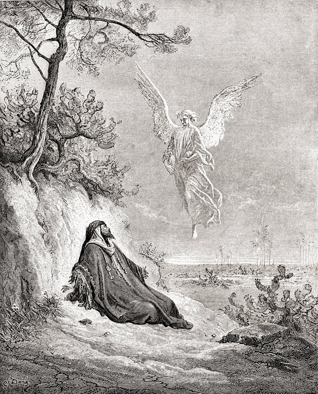 Elias alimentado por um anjo. Segundo uma obra da Bíblia de Gustave Dore. De Life and Reminiscences of Gustave Dore, publicado em 1885. de Gustave Dore