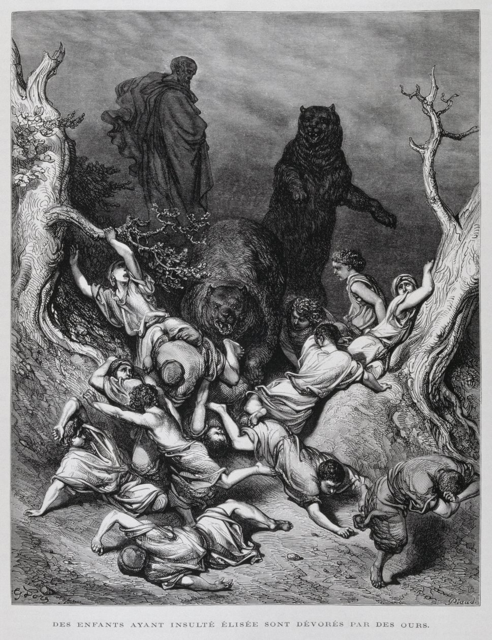 Eliseu observa as crianças destruídas pelos ursos, ilustração da Bíblia de Dore de Gustave Dore