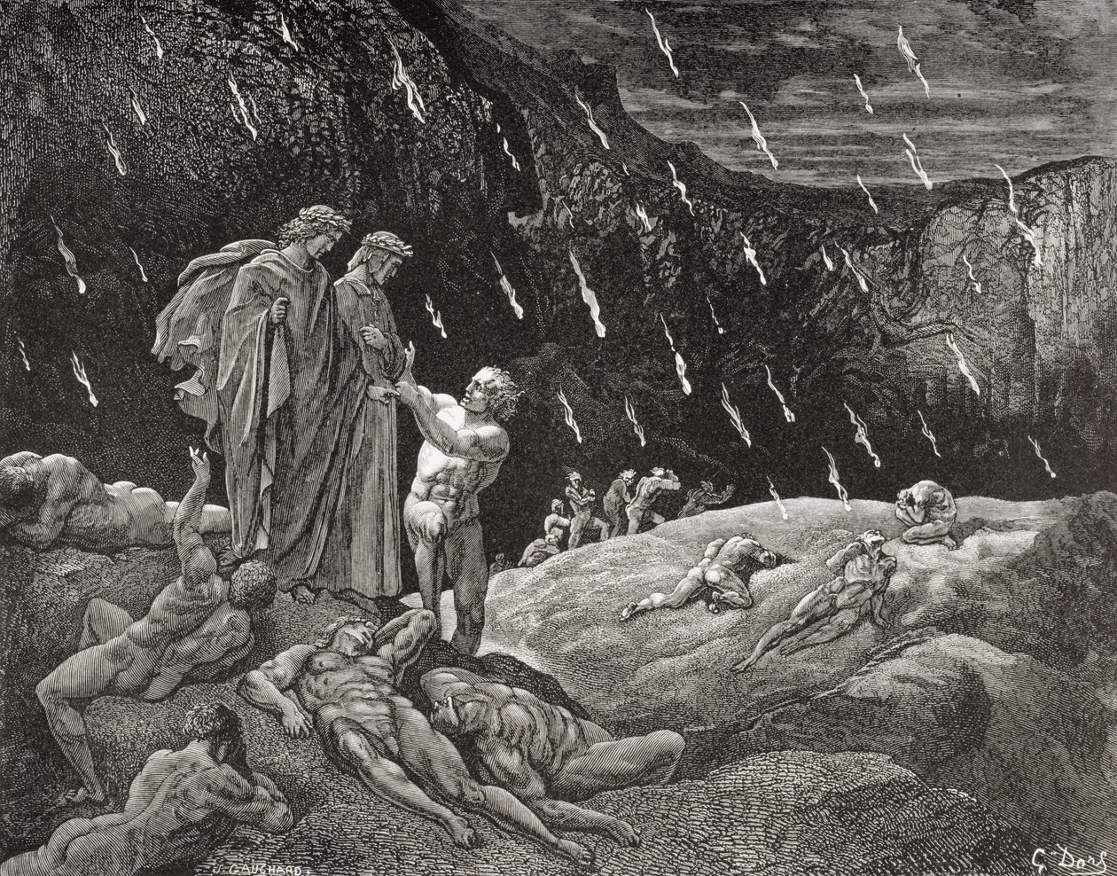 Gravura de Gustave Dore 1832-1883 Artista e ilustrador francês para o Inferno de Dante Alighieri Canto XV linhas 28 e 29 de Gustave Dore